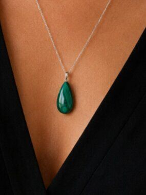 Malachite Teardrop Pendant Necklace 925 Sterling Silver Green Stone Minimalist